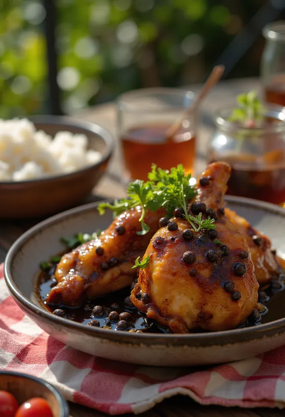 Chicken adobo filippiiniläiseen tyyliin tarjoiltuna