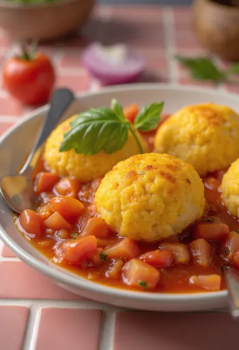 Fungee tomaattikastikkeella tarjoiltuna