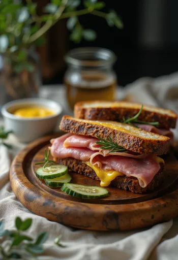 Savustettu naudanlihaleipä tarjoiltuna rapean leivän ja sulatetun juuston kera