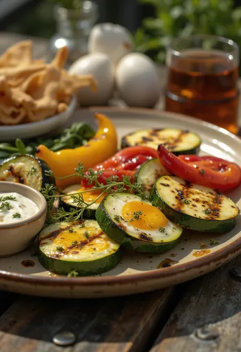 Värikäs valikoima grillattuja vihanneksia tuoreilla yrteillä maustettuna.