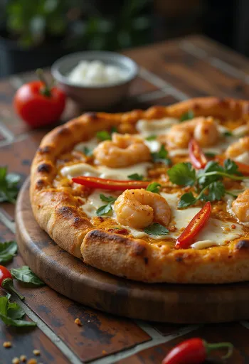 Laksa pizza malesialaisilla mausteilla ja katkaravuilla