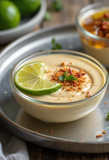 Hunaja-limetti-tahinikastike kulhossa, tuoreiden vihannesten kera tarjoiltuna