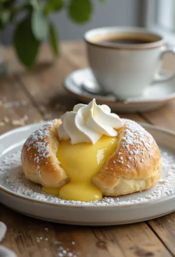 Semla vaniljakreemillä tarjoiltuna