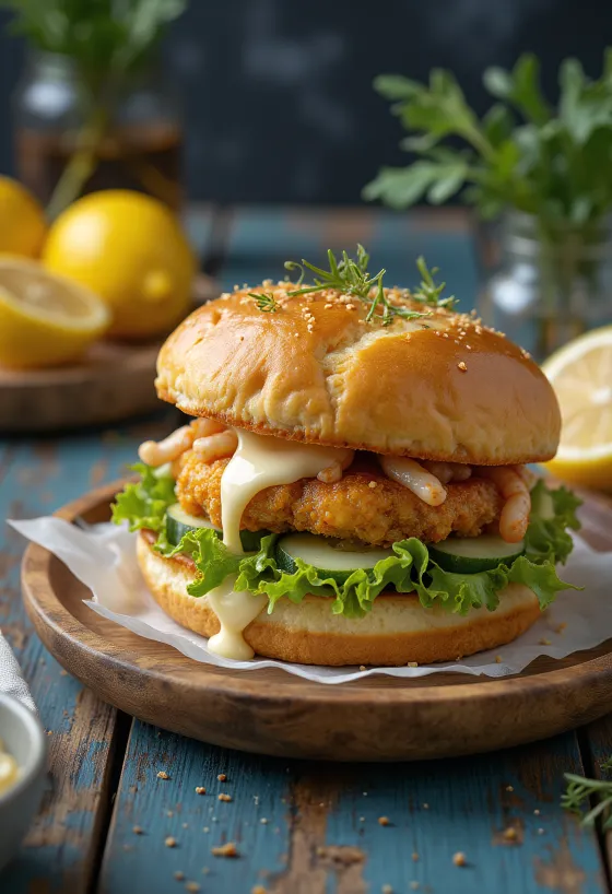 Mustekalahampurilainen tuoreilla vihanneksilla tarjoiltuna