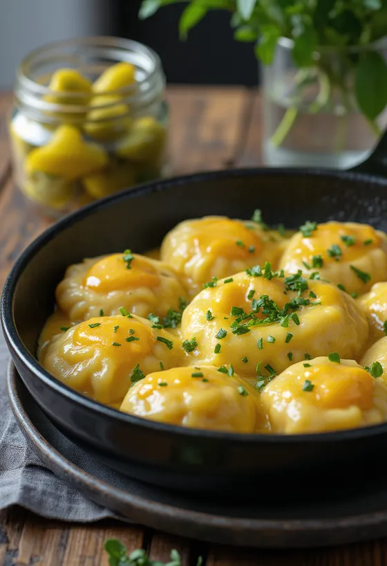 Munanokedli tuoreella persiljalla koristeltuna, tarjoiltuna kotitekoisen pikkelsin kera.