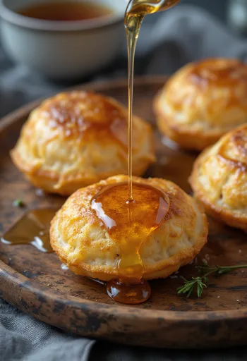 Æbleskiver hunajalla makeutettuna, tuoreita ja pehmeitä munkkeja tarjoiltuna
