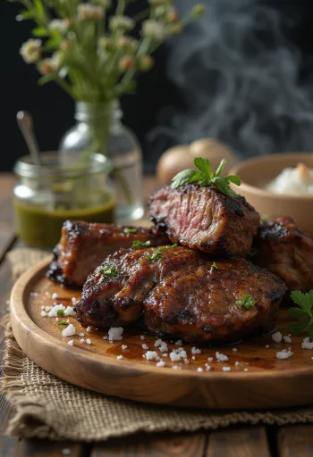 Asado tarjoiltuna grillattujen vihannesten ja chimichurri-kastikkeen kera