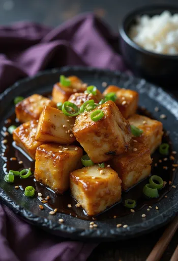 Paistettu tofu soijamarinadissa tarjoiltuna