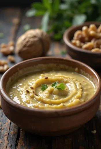 Kermainen saksanpähkinäpestokastike tarjoiltuna