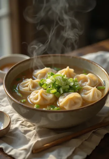 Yuba-wontonkeitto, tarjoiltuna tuoreen korianterin ja kevätsipulin kera