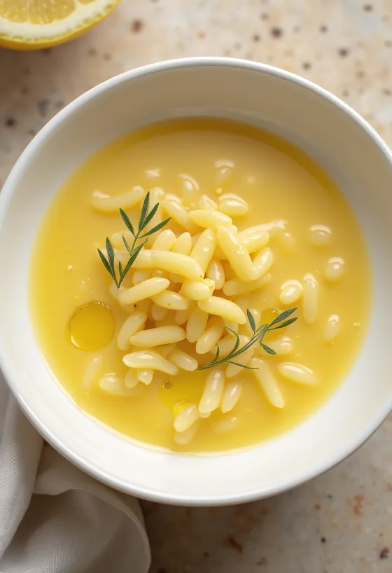 Avgolemono-keitto orzo-pastalla, sitruunalla ja persiljalalla koristeltuna