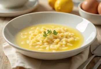 Avgolemono-keitto orzo-pastalla, sitruunalla ja persiljalalla koristeltuna