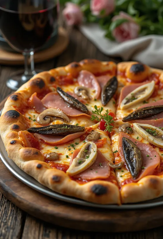 Capricciosa-pizza sardelleilla tarjoiltuna