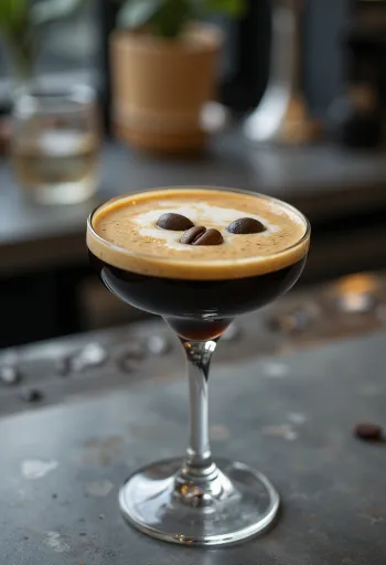 Espresso Martini -cocktail kolmella kahvipavulla koristeltuna