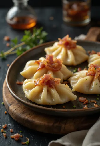 Puolalaiset kinkkupierogit smetanalla ja paistetulla sipulilla