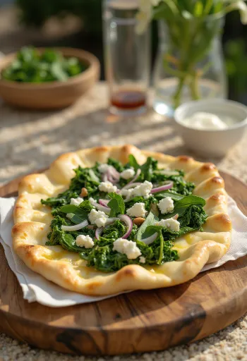 Pide pinaatilla, tarjoiltuna tuoreen taikinan ja mausteisen pinaattitäytteen kanssa