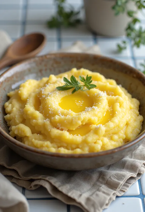 Kermainen polenta pehmeällä koostumuksella, voilla ja parmesaanilla koristeltuna
