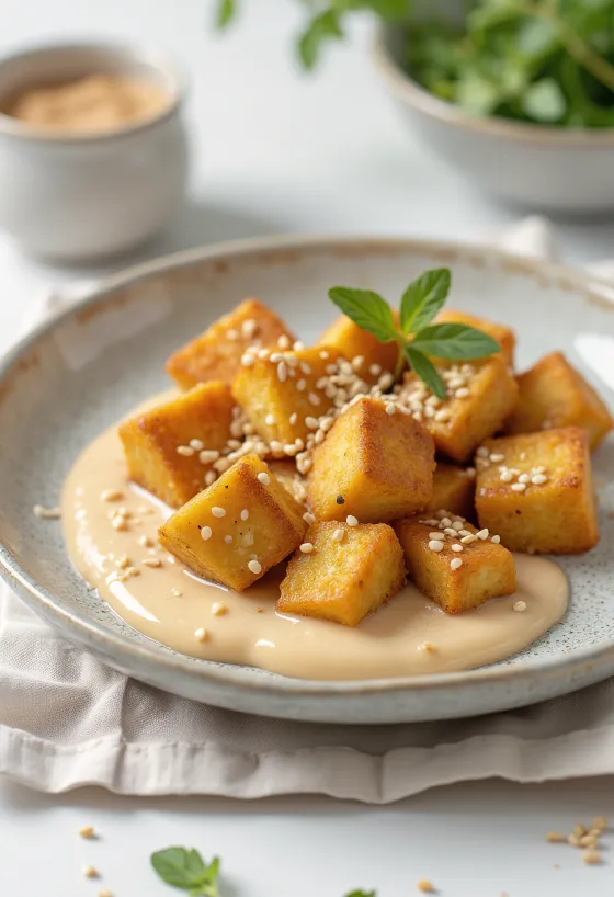 Paistettu tofu tahinikastikkeella tarjoiltuna