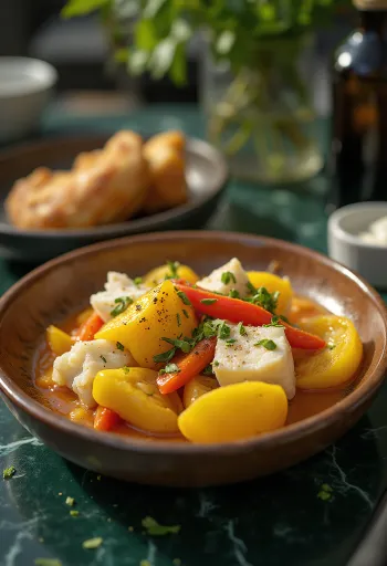 Ackee ja suolattu turska tarjoiltuna vihanneksilla ja mausteilla