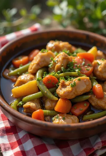 Adobo kasvismuhennoksella, tuoreella korianterilla koristeltuna