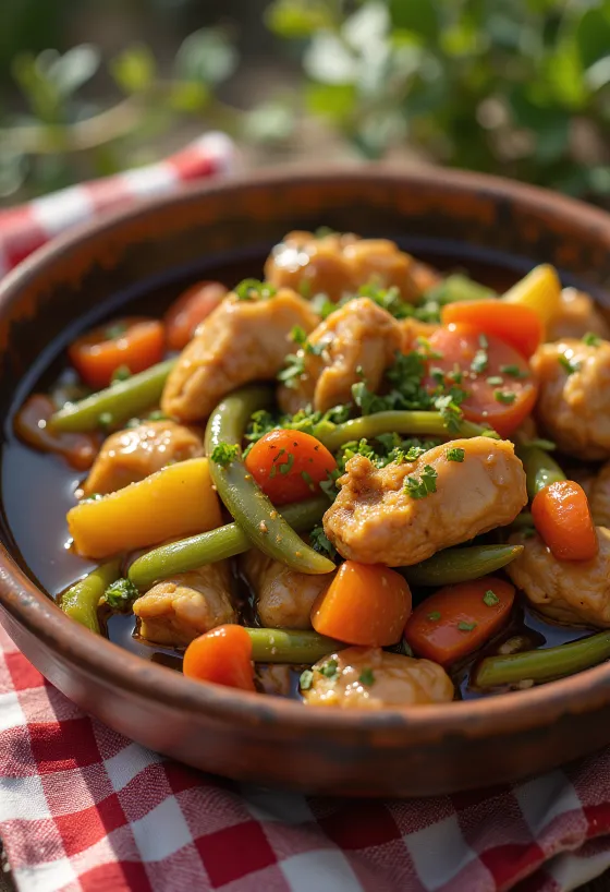 Adobo kasvismuhennoksella, tuoreella korianterilla koristeltuna