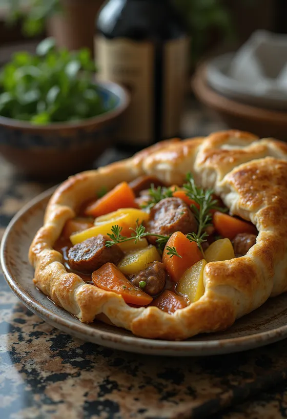 Baeckeoffe tarjoiltuna tuoreen leivän kera