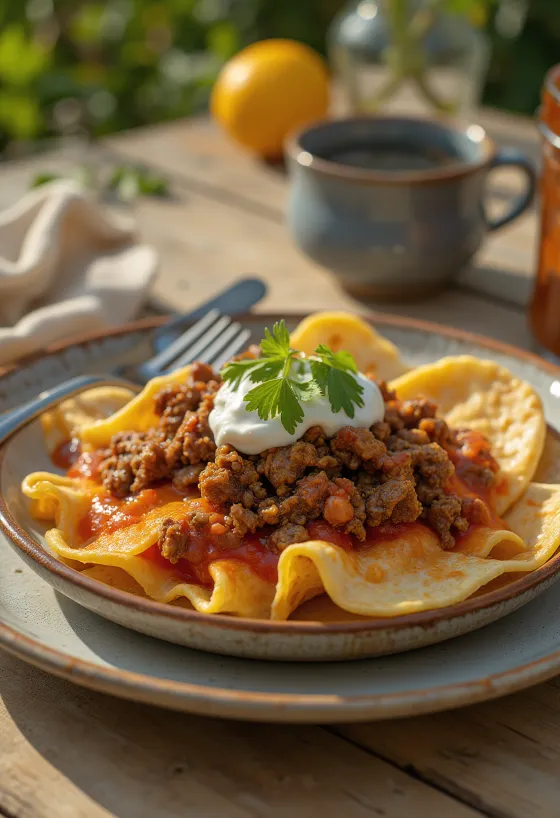 Chilaquiles con carne molida – jauhelihalla, punaisella kastikkeella, juustolla ja smetanalla tarjoiltuna