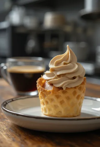 Krumkake kahvitäytteellä tarjoiltuna, raastetulla suklaalla