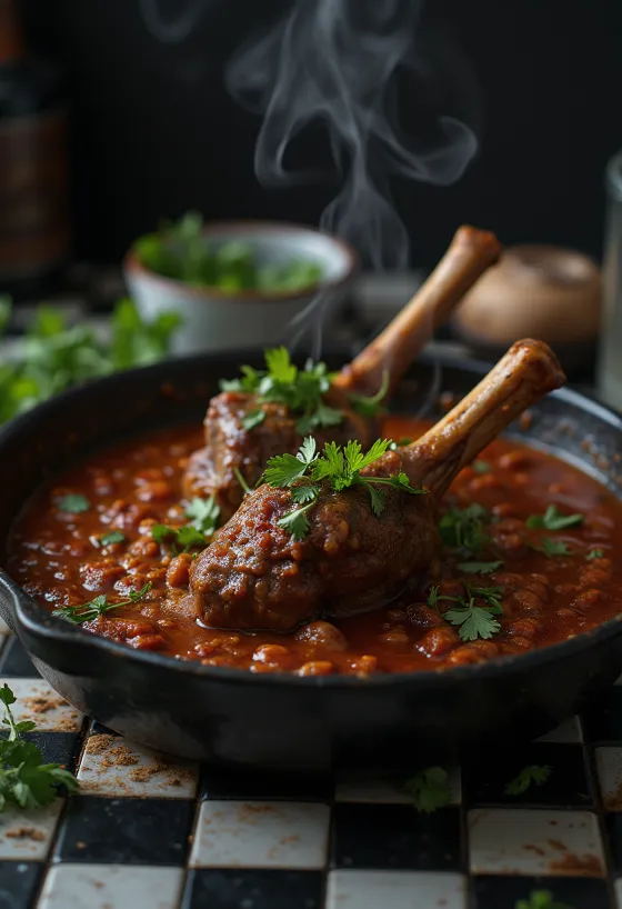 Karitsan potka harissa-kastikkeella tarjoiltuna