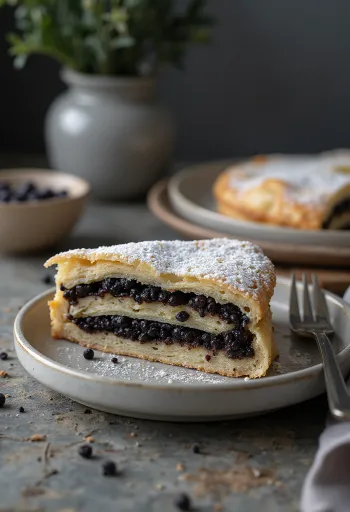 Unikkopiirakka kullanruskealla taikinalla ja unikkotäytteellä