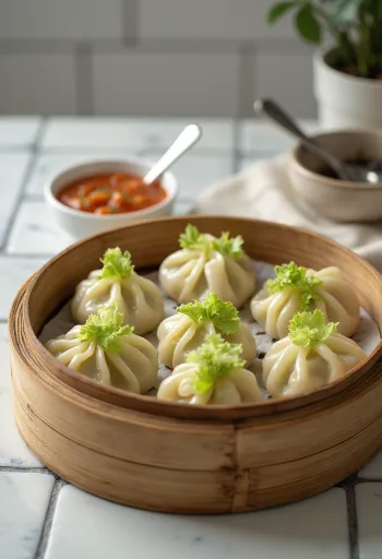 Kaalilla täytettyjä momoja höyrytettynä, tarjoiltuna