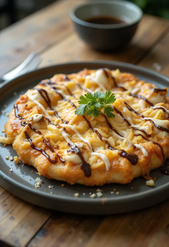 Okonomiyaki-pizza kaalilla ja tonnikalahiutaleilla