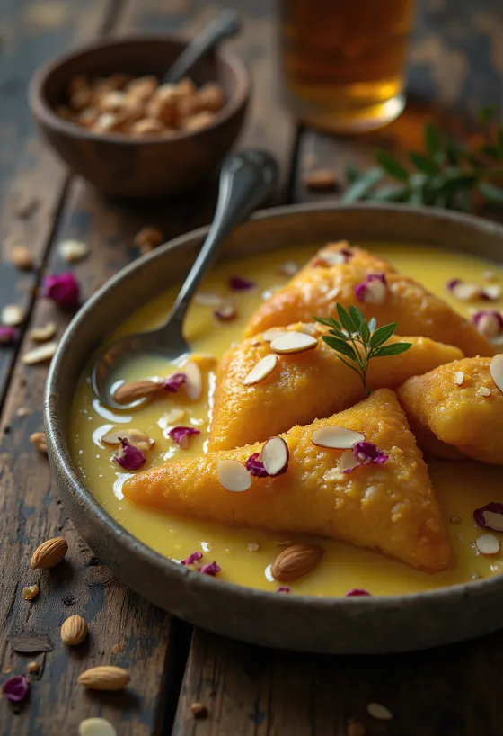 Shahi Tukda, makeita manteleita ja ruusuvettä tarjoiltuna