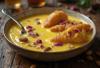 Shahi Tukda, makeita manteleita ja ruusuvettä tarjoiltuna