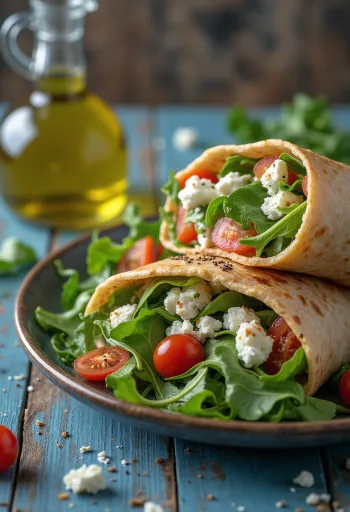 Tuore wrap-salaatti fetajuustolla, rucolalla, kurkulla ja tomaatilla tarjoiltuna