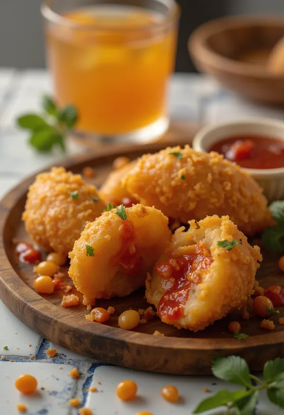 Acarajé tulisella kastikkeella, rapeita palloja chilikastikkeella ja korianterilla
