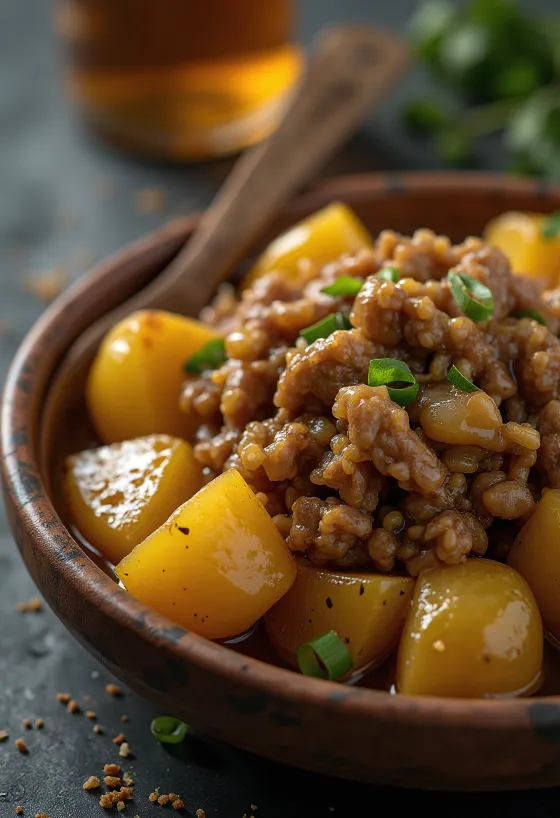 Adobo perunalla, mausteista lihaa ja rapeaa perunaa tarjoiltuna