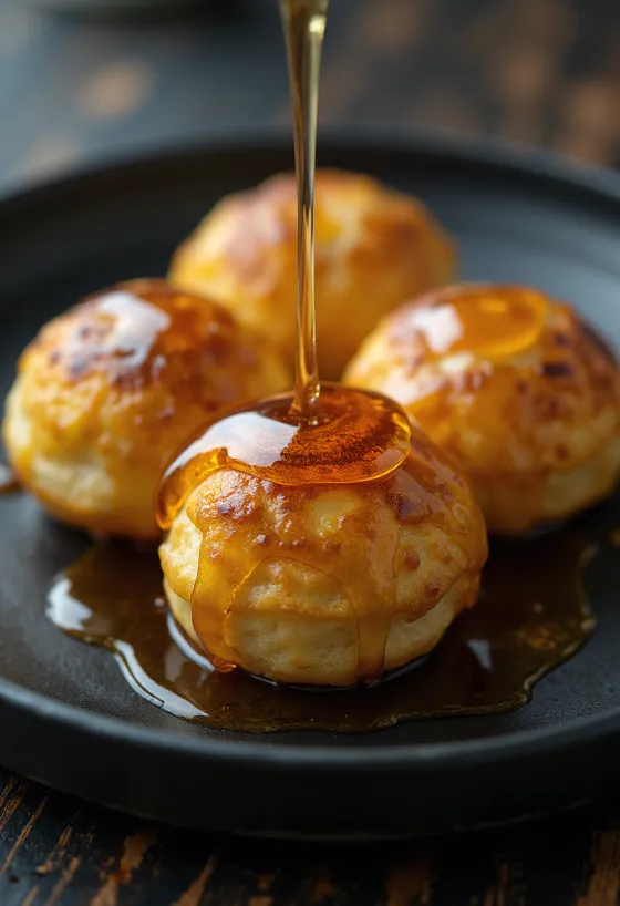 Æbleskiver vaahterasiirapilla, tuoreita leivonnaisia, kullanruskeita, vaahterasiirapilla tarjoiltuna