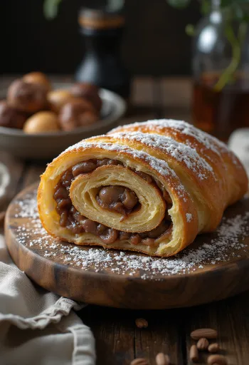 Kastanjatäytteinen rulla viipaloituna, koristeltuna