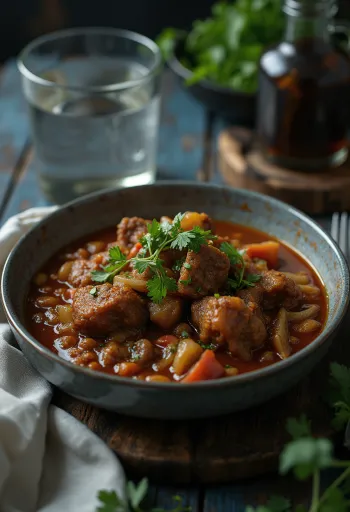 Afrikkalainen vuohenlihapata riisin ja korianterin kera tarjoiltuna