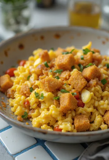 Rapeat leipäkuutiot ja paistettu kananmuna pannulla, paahdetulla leivällä ja kananmunalla tarjoiltuna