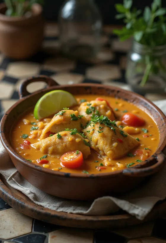 Moqueca kalaruoka, paksulla kastikkeella ja tuoreella korianterilla tarjoiltuna