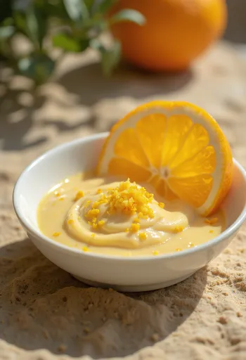 Appelsiini-kermasinappikastike lasissa, paistetun lihan kera tarjoiltuna