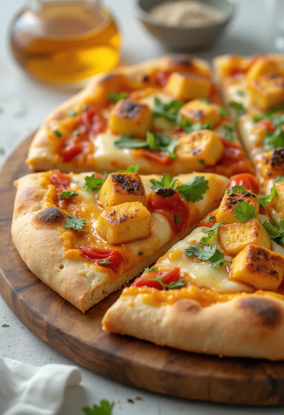 Paneer tikka pizza jogurttikastikkeella ja vihanneksilla