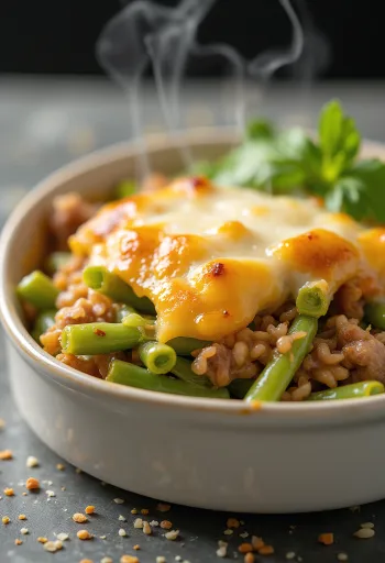 Vihreä papupaistos tuoreella smetanalla ja paistetulla juustolla pinnalla.