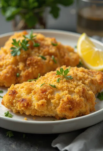 Leivitetty kananrinta kullanruskeaksi paistettuna salaatin kera