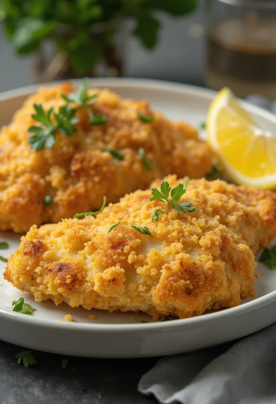 Leivitetty kananrinta kullanruskeaksi paistettuna salaatin kera