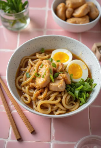 Stamina udon -kulho kananmunalla ja lihalla, tuoreella kevätsipulilla
