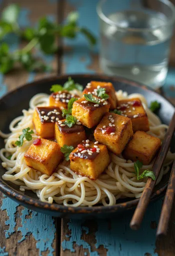 Paistettu tofu thai-kastikkeella tarjoiltuna