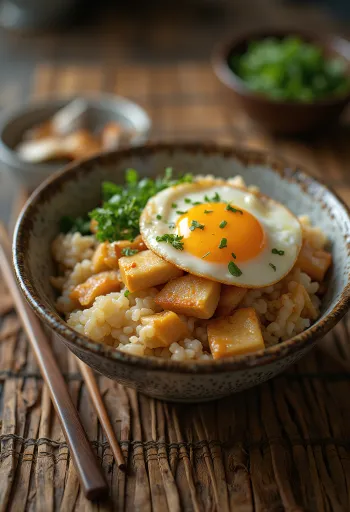 Oyakodon tofutäytteellä riisin päällä, kananmunalla ja kevätsipulilla koristeltuna